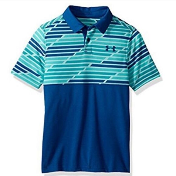 🦋Under Armour Blue & Turquoise Golf Collared Polo Shirt Youth Large - Picture 1 of 13